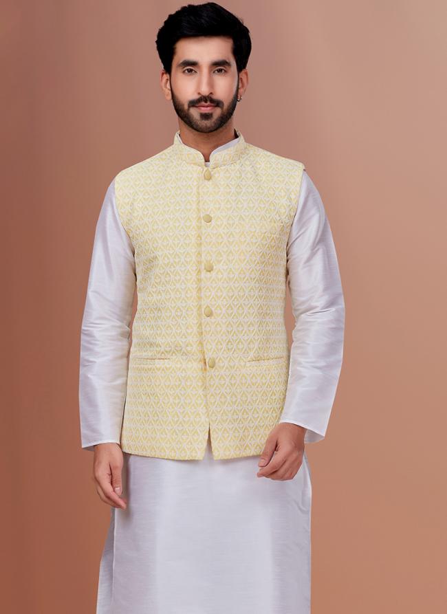 Embroidered Georgette Yellow Festival Wear Embroidery Work Readymade Men's Waist Coat